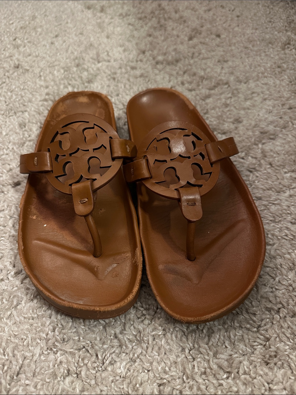 Tory Burch Cognac Leather Logo Thong Sandals